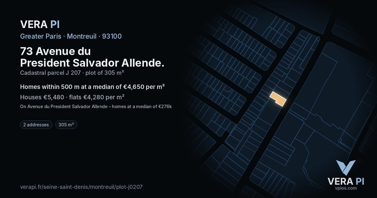 73 Avenue du President Salvador Allende, Montreuil at night – the plot lit, the parcels around coloured by the prices near them
