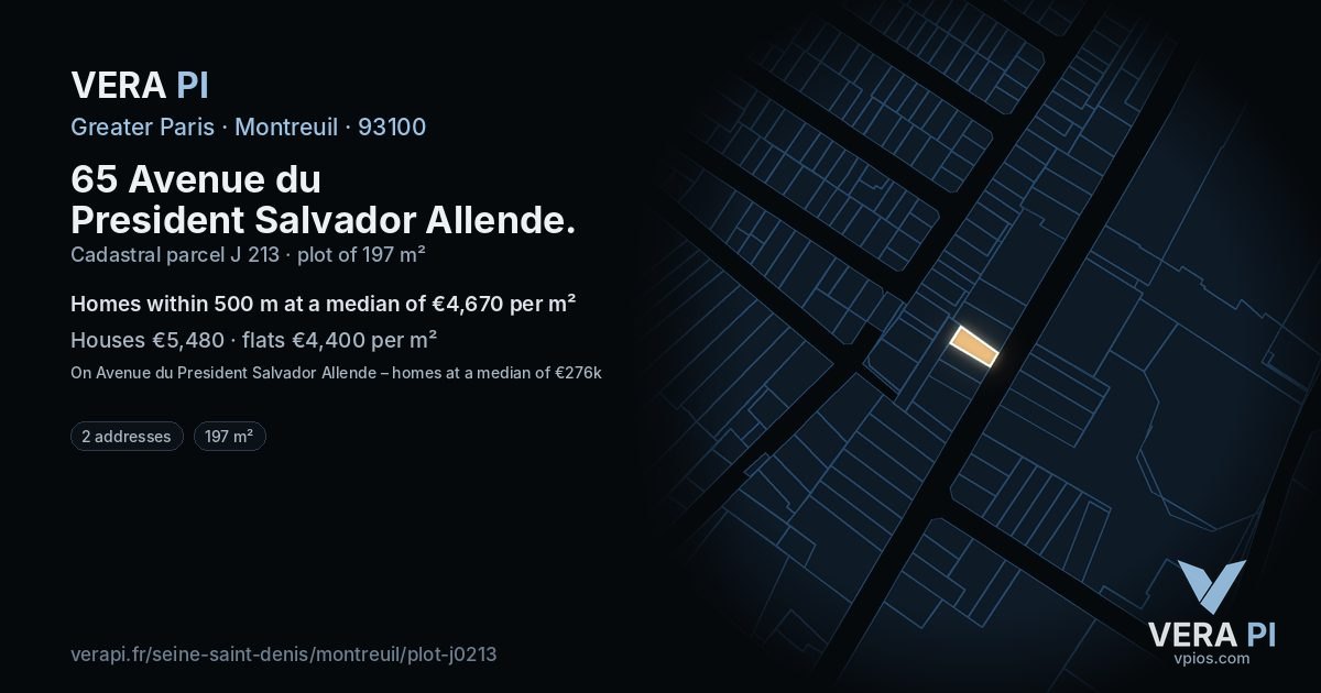 65 Avenue du President Salvador Allende, Montreuil at night – the plot lit, the parcels around coloured by the prices near them