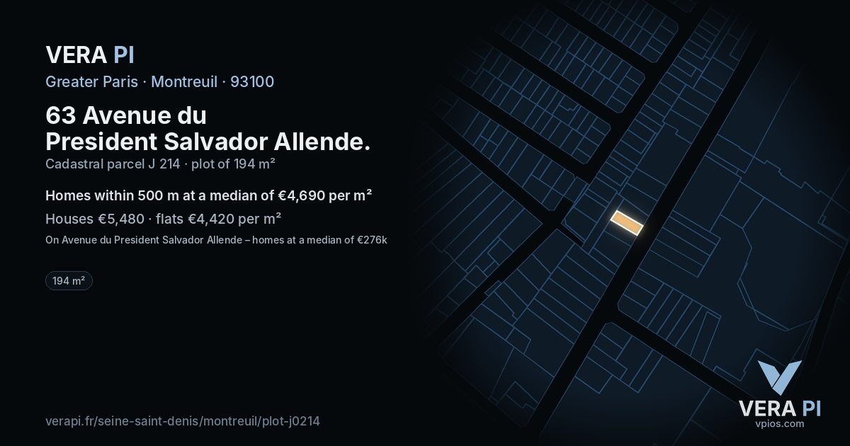 63 Avenue du President Salvador Allende, Montreuil at night – the plot lit, the parcels around coloured by the prices near them