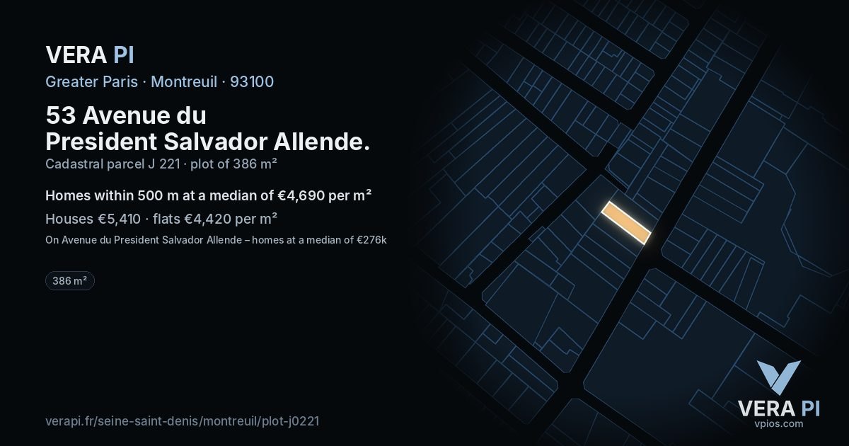 53 Avenue du President Salvador Allende, Montreuil at night – the plot lit, the parcels around coloured by the prices near them