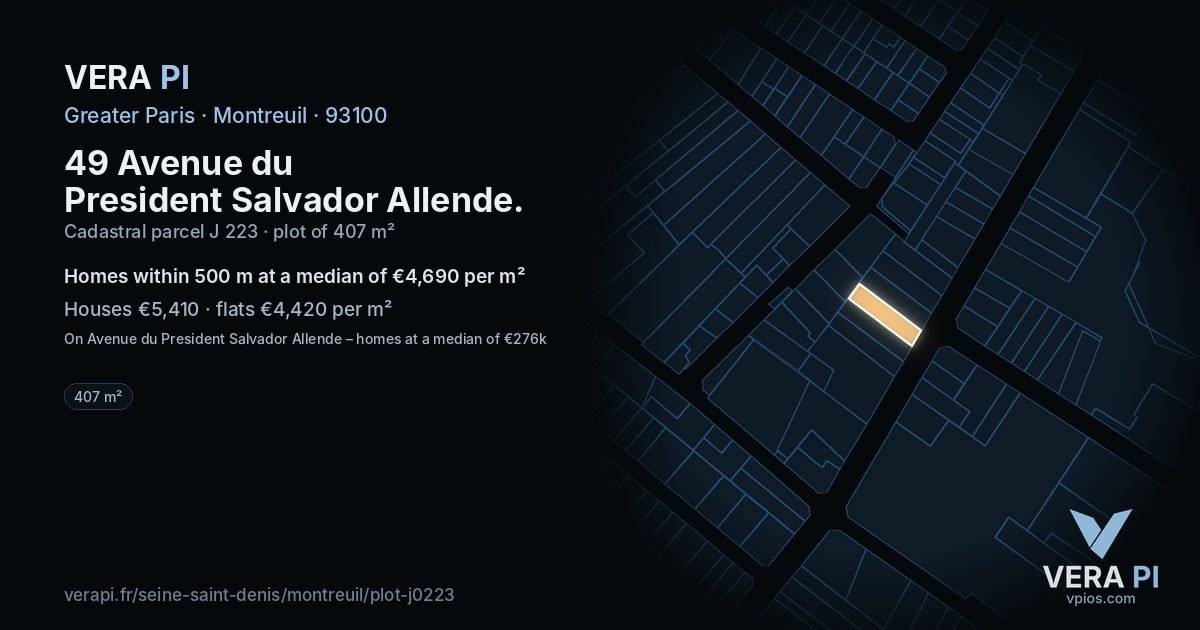 49 Avenue du President Salvador Allende, Montreuil at night – the plot lit, the parcels around coloured by the prices near them