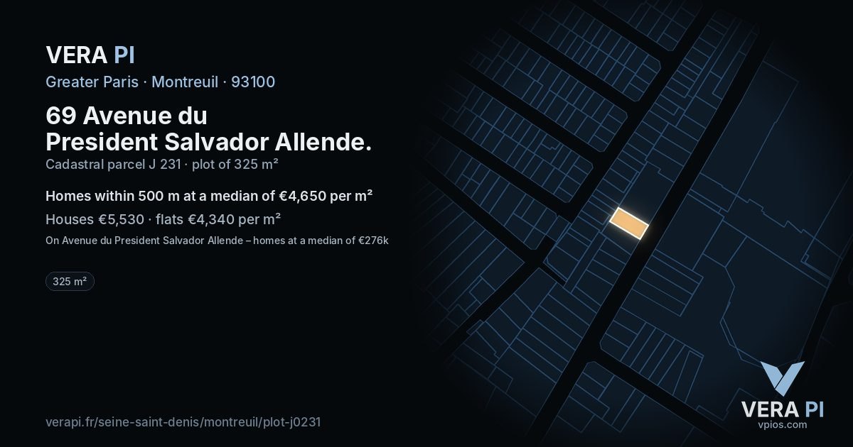 69 Avenue du President Salvador Allende, Montreuil at night – the plot lit, the parcels around coloured by the prices near them
