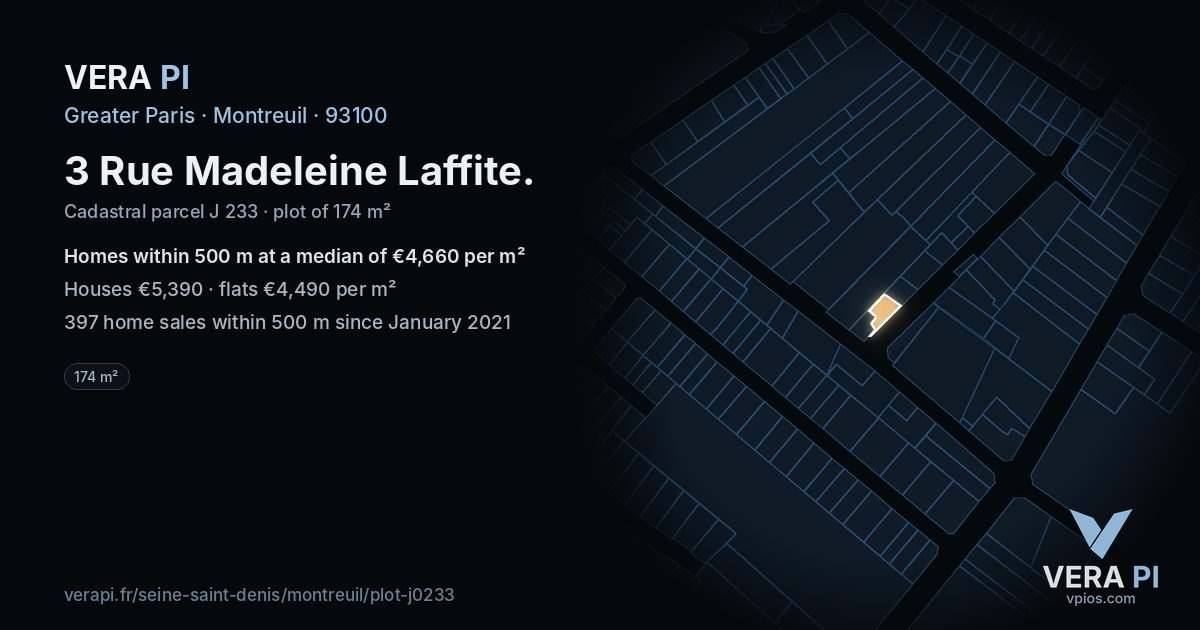 3 Rue Madeleine Laffite, Montreuil at night – the plot lit, the parcels around coloured by the prices near them
