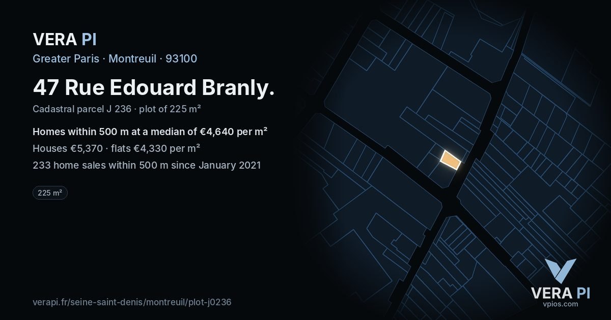 47 Rue Edouard Branly, Montreuil at night – the plot lit, the parcels around coloured by the prices near them