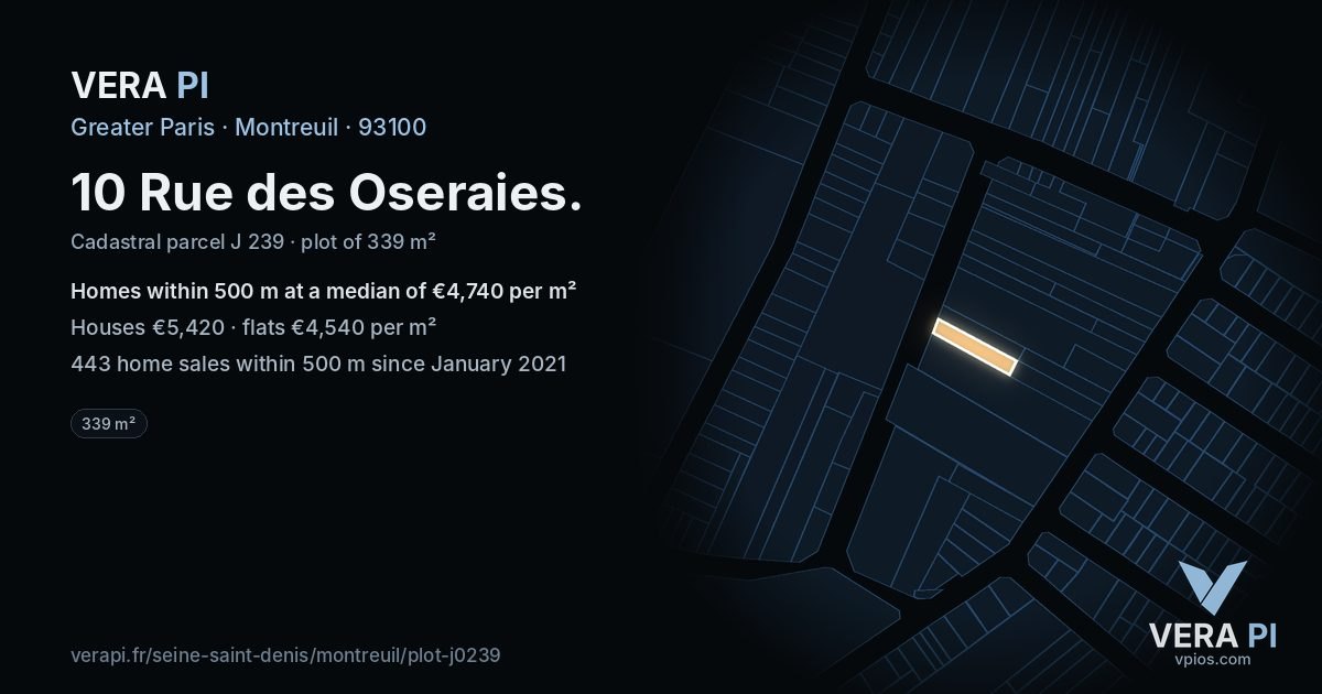 10 Rue des Oseraies, Montreuil at night – the plot lit, the parcels around coloured by the prices near them