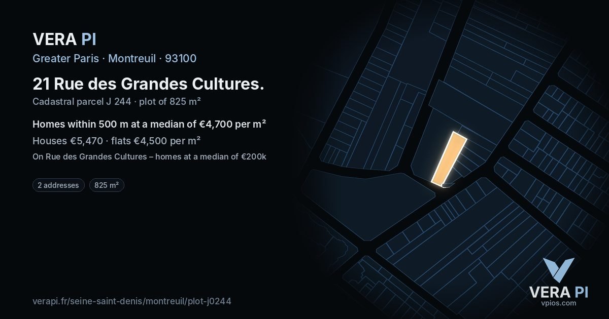 21 Rue des Grandes Cultures, Montreuil at night – the plot lit, the parcels around coloured by the prices near them