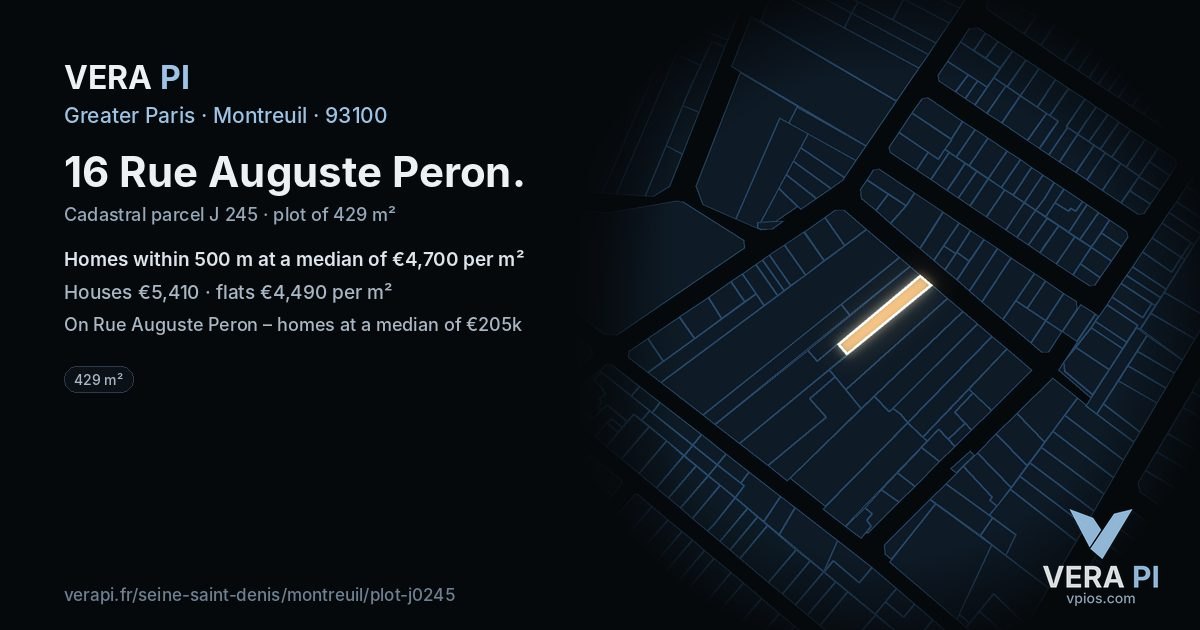 16 Rue Auguste Peron, Montreuil at night – the plot lit, the parcels around coloured by the prices near them