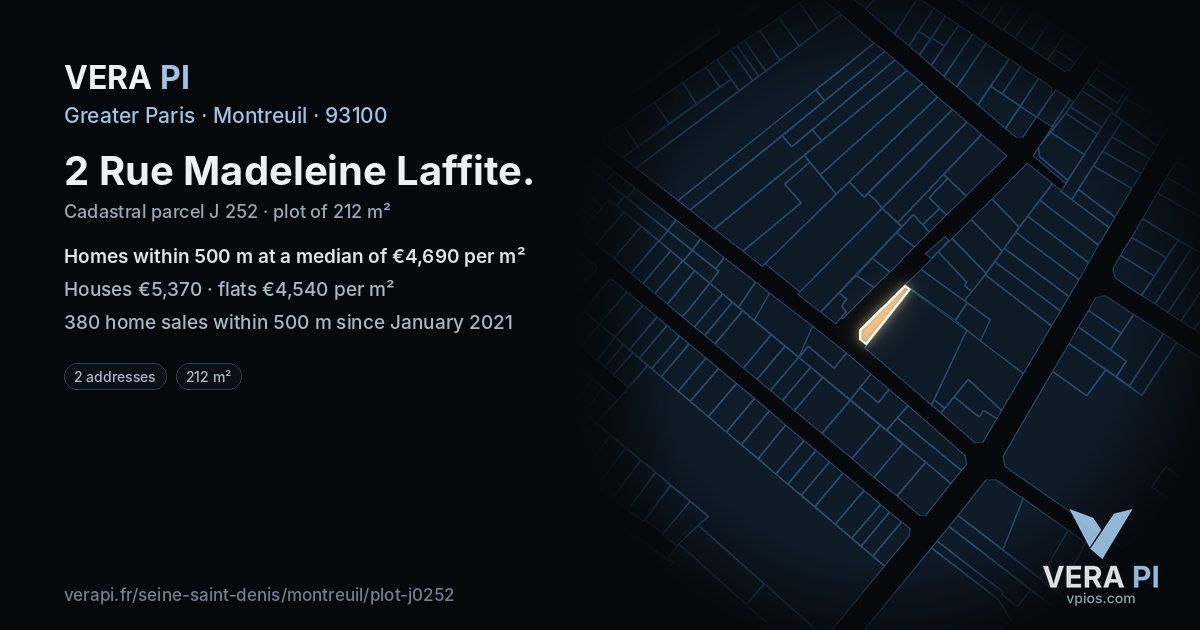 2 Rue Madeleine Laffite, Montreuil at night – the plot lit, the parcels around coloured by the prices near them