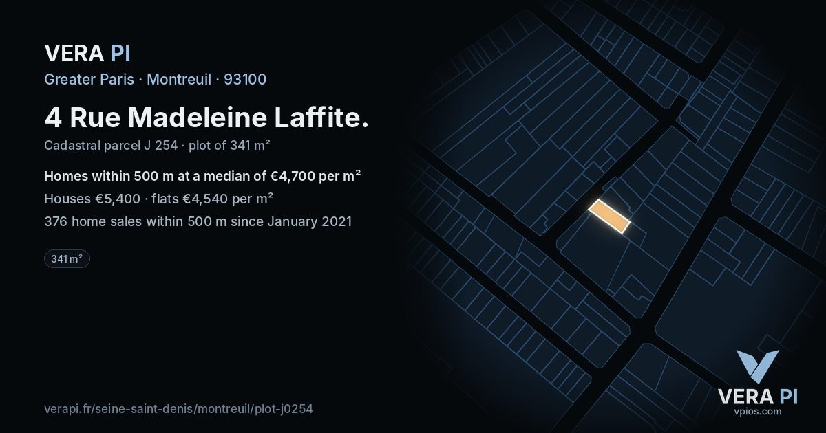 4 Rue Madeleine Laffite, Montreuil at night – the plot lit, the parcels around coloured by the prices near them