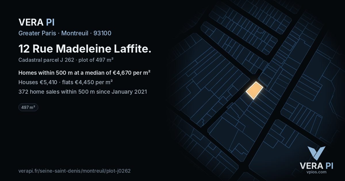 12 Rue Madeleine Laffite, Montreuil at night – the plot lit, the parcels around coloured by the prices near them