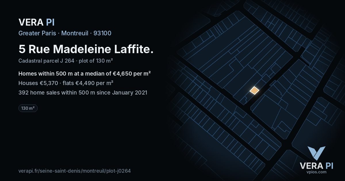 5 Rue Madeleine Laffite, Montreuil at night – the plot lit, the parcels around coloured by the prices near them