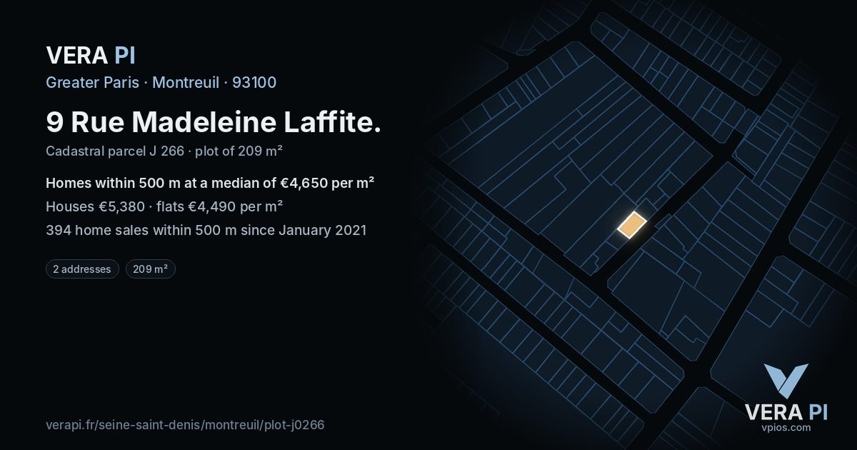 9 Rue Madeleine Laffite, Montreuil at night – the plot lit, the parcels around coloured by the prices near them