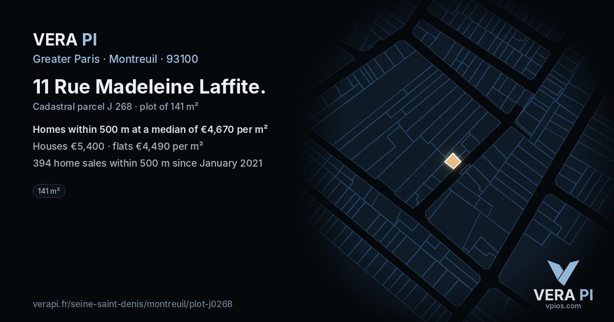 11 Rue Madeleine Laffite, Montreuil at night – the plot lit, the parcels around coloured by the prices near them