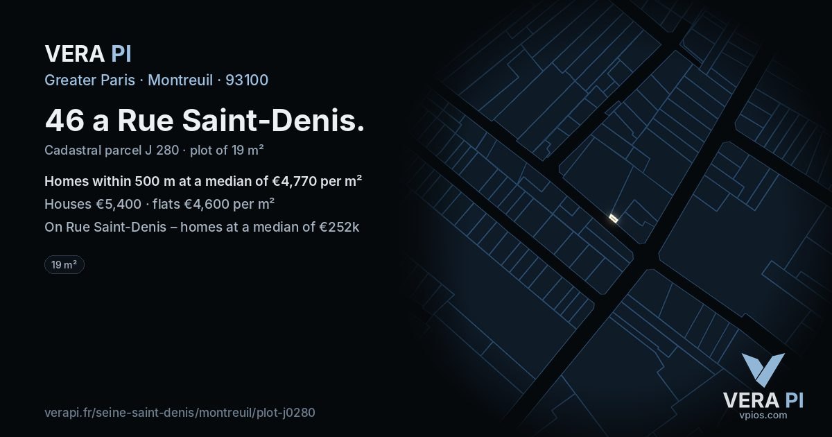 46 a Rue Saint-Denis, Montreuil at night – the plot lit, the parcels around coloured by the prices near them