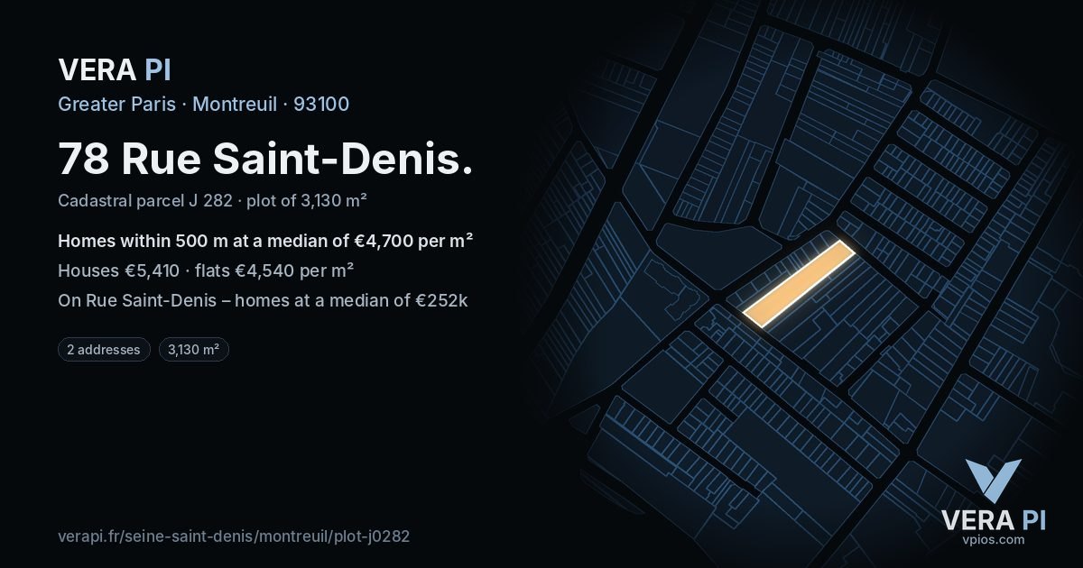 78 Rue Saint-Denis, Montreuil at night – the plot lit, the parcels around coloured by the prices near them