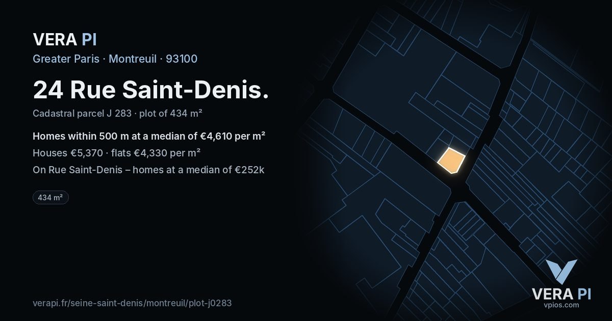 24 Rue Saint-Denis, Montreuil at night – the plot lit, the parcels around coloured by the prices near them