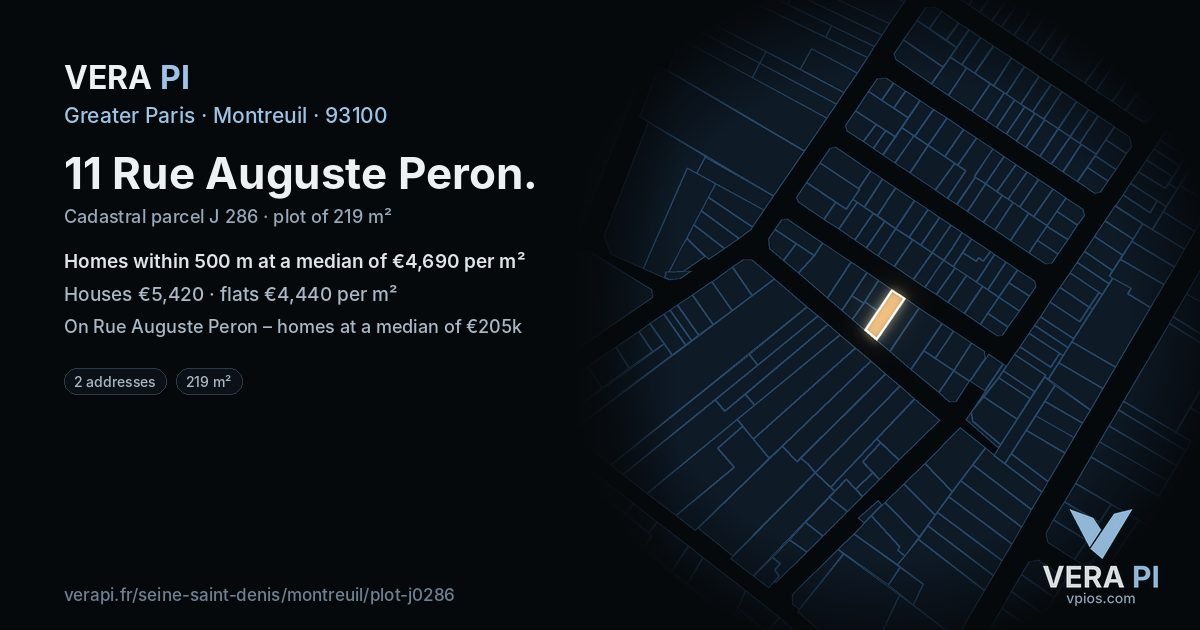 11 Rue Auguste Peron, Montreuil at night – the plot lit, the parcels around coloured by the prices near them