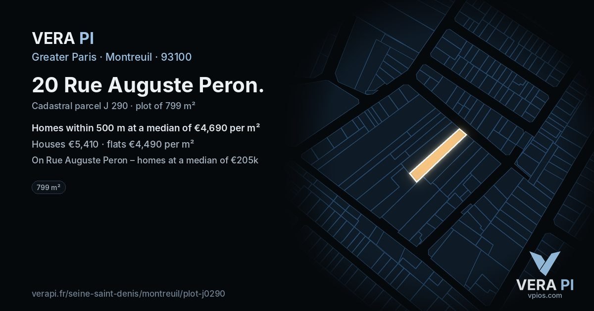20 Rue Auguste Peron, Montreuil at night – the plot lit, the parcels around coloured by the prices near them