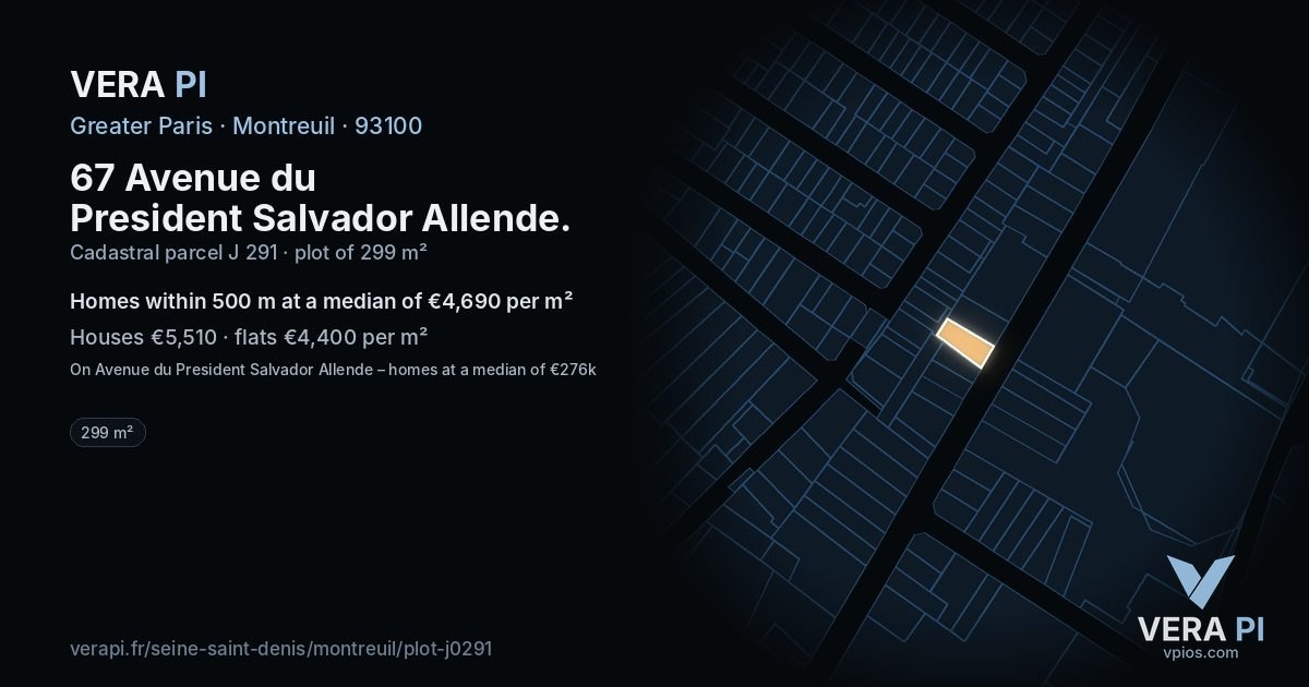 67 Avenue du President Salvador Allende, Montreuil at night – the plot lit, the parcels around coloured by the prices near them