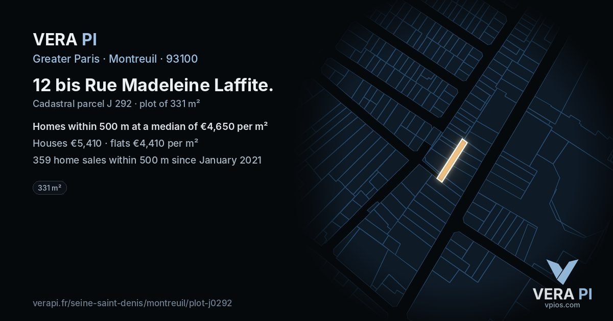 12 bis Rue Madeleine Laffite, Montreuil at night – the plot lit, the parcels around coloured by the prices near them