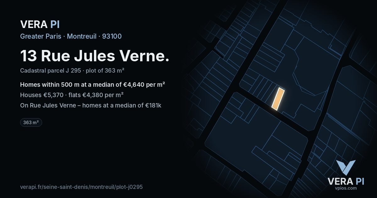 13 Rue Jules Verne, Montreuil at night – the plot lit, the parcels around coloured by the prices near them