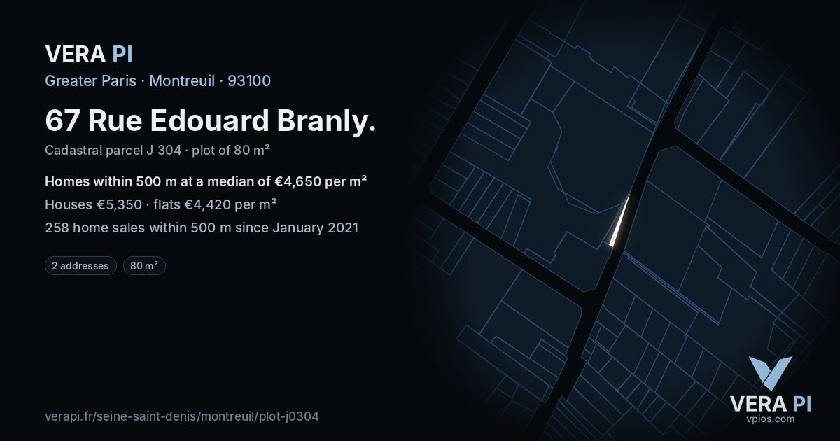 67 Rue Edouard Branly, Montreuil at night – the plot lit, the parcels around coloured by the prices near them