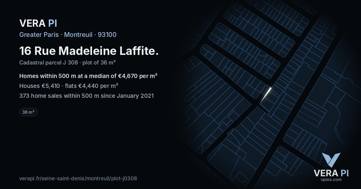16 Rue Madeleine Laffite, Montreuil at night – the plot lit, the parcels around coloured by the prices near them