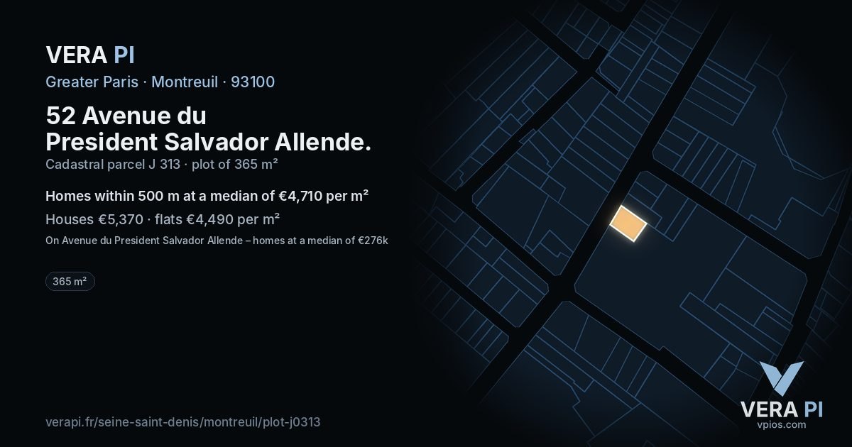 52 Avenue du President Salvador Allende, Montreuil at night – the plot lit, the parcels around coloured by the prices near them