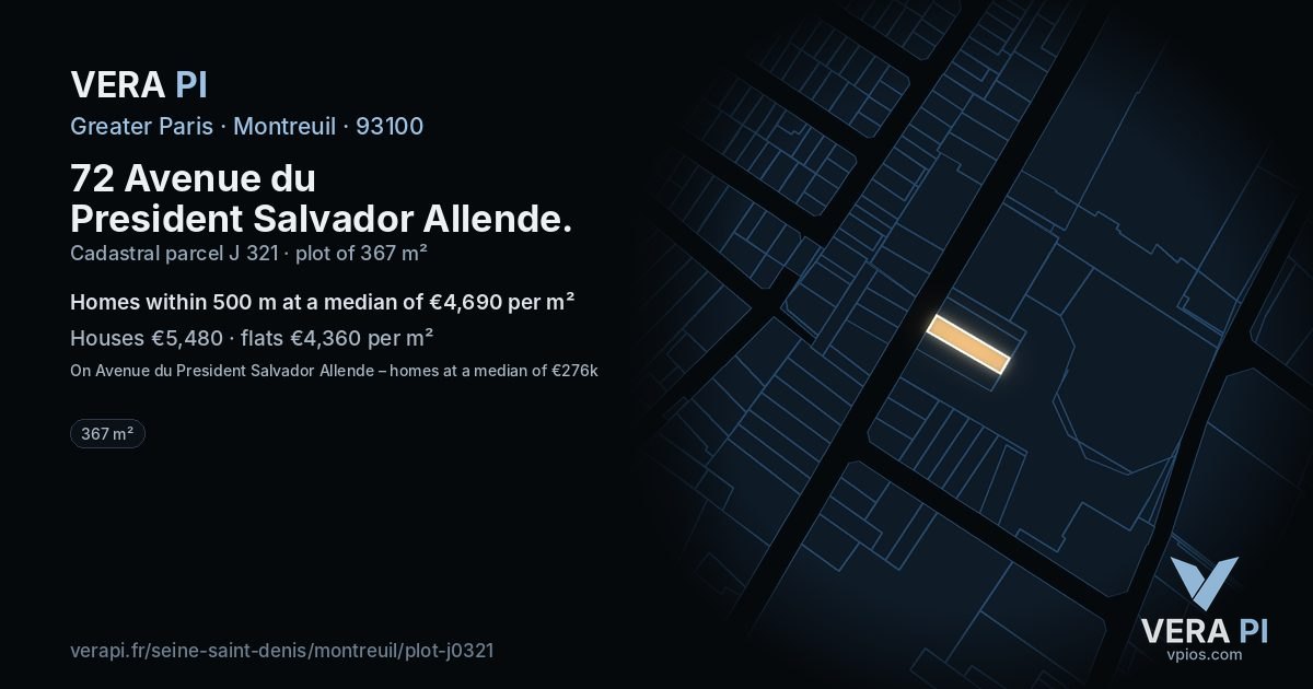 72 Avenue du President Salvador Allende, Montreuil at night – the plot lit, the parcels around coloured by the prices near them