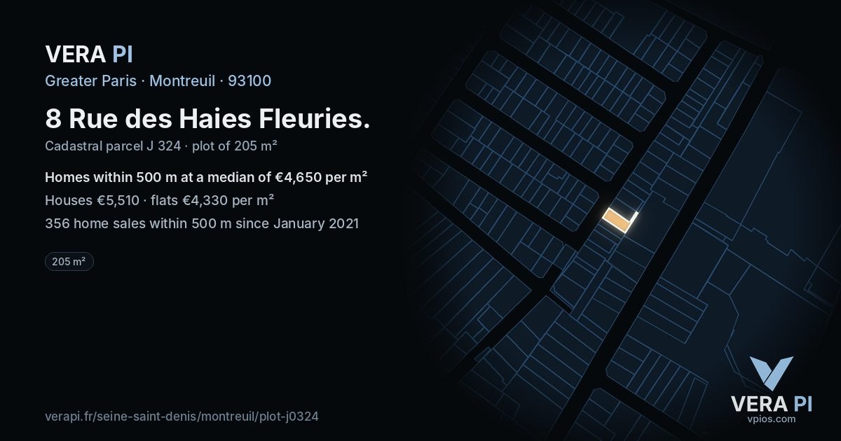 8 Rue des Haies Fleuries, Montreuil at night – the plot lit, the parcels around coloured by the prices near them