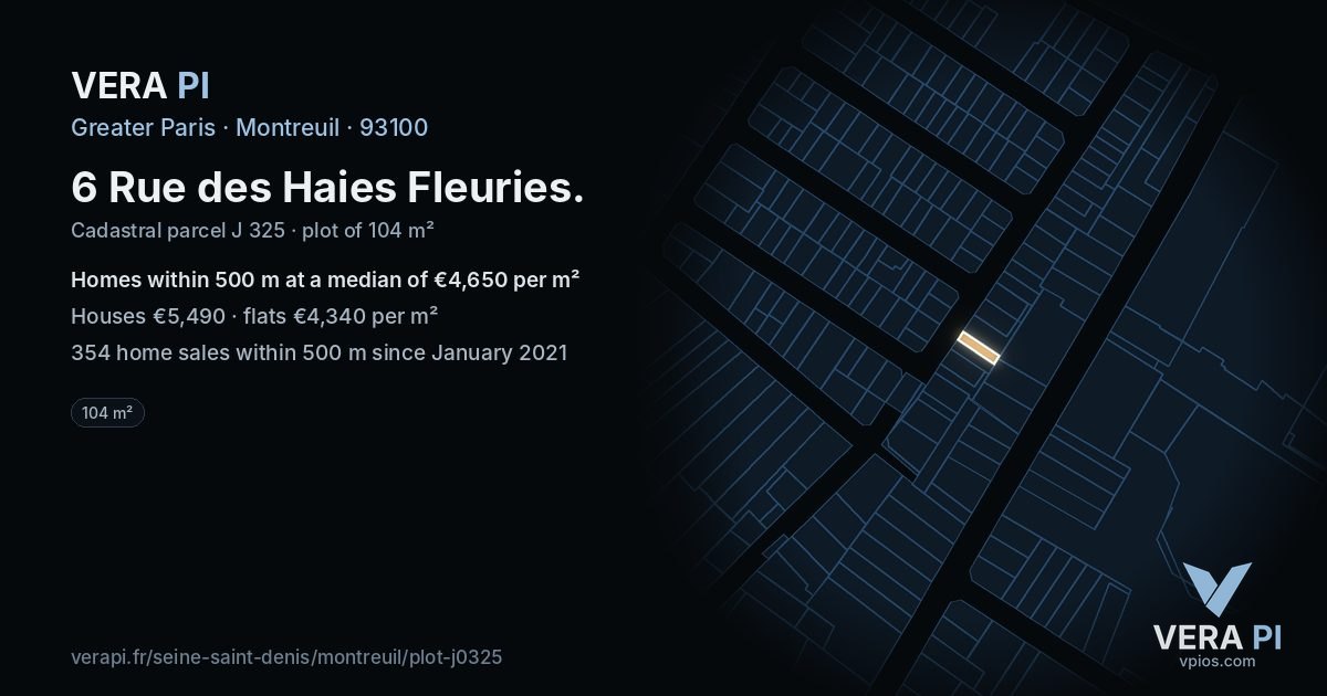 6 Rue des Haies Fleuries, Montreuil at night – the plot lit, the parcels around coloured by the prices near them
