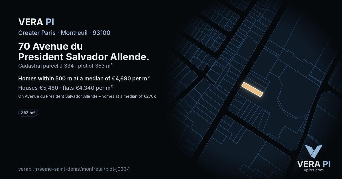 70 Avenue du President Salvador Allende, Montreuil at night – the plot lit, the parcels around coloured by the prices near them
