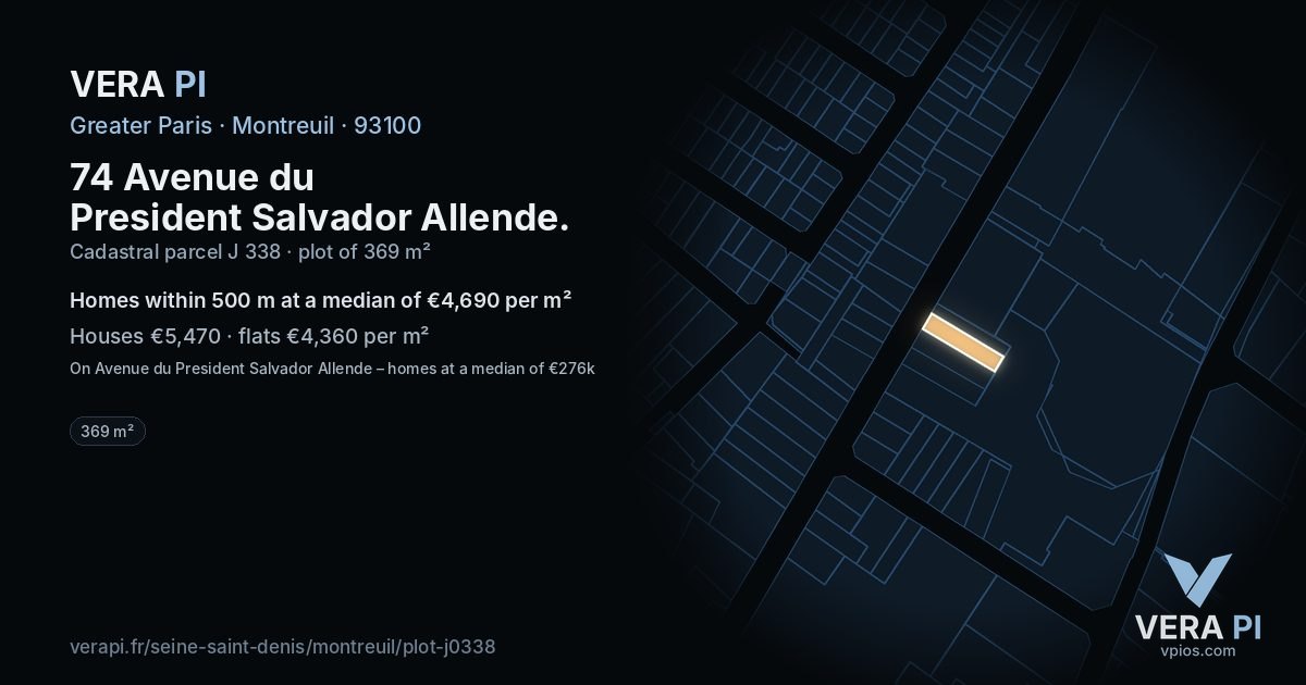74 Avenue du President Salvador Allende, Montreuil at night – the plot lit, the parcels around coloured by the prices near them