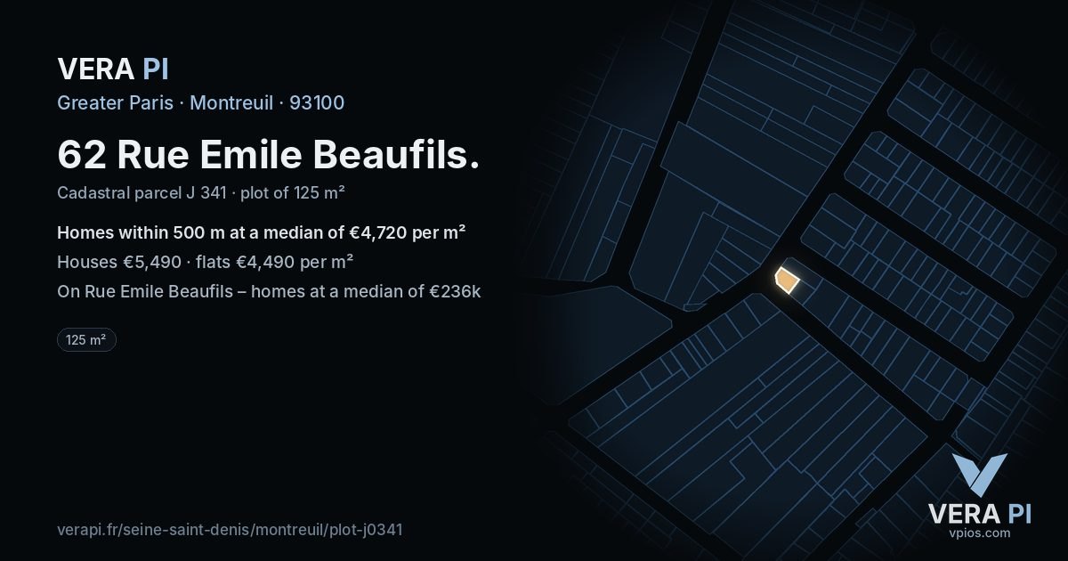 62 Rue Emile Beaufils, Montreuil at night – the plot lit, the parcels around coloured by the prices near them