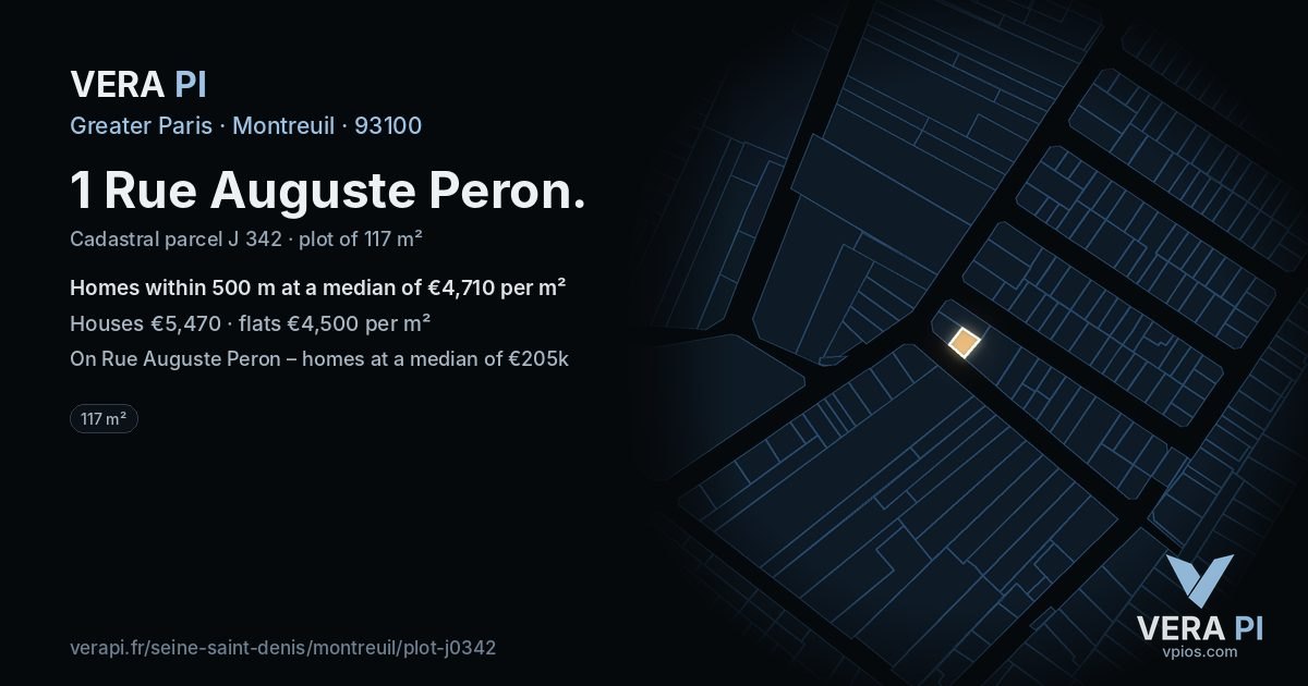 1 Rue Auguste Peron, Montreuil at night – the plot lit, the parcels around coloured by the prices near them
