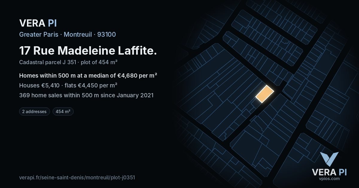 17 Rue Madeleine Laffite, Montreuil at night – the plot lit, the parcels around coloured by the prices near them