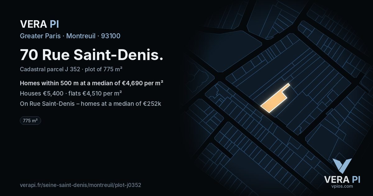 70 Rue Saint-Denis, Montreuil at night – the plot lit, the parcels around coloured by the prices near them