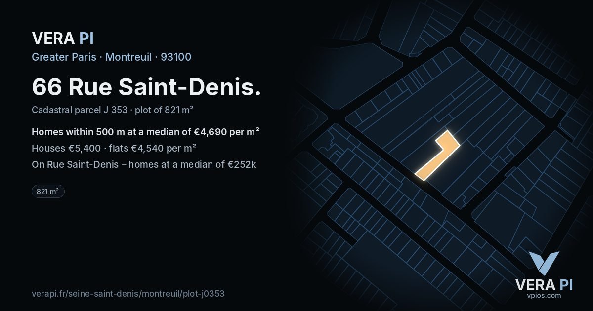 66 Rue Saint-Denis, Montreuil at night – the plot lit, the parcels around coloured by the prices near them