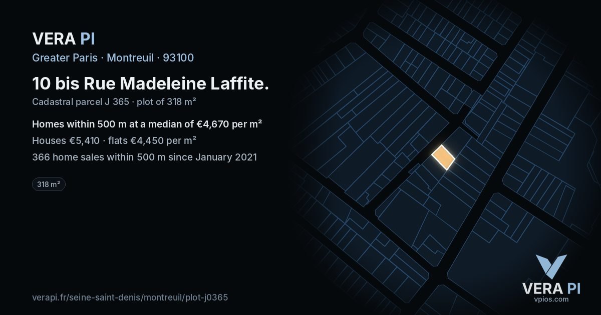 10 bis Rue Madeleine Laffite, Montreuil at night – the plot lit, the parcels around coloured by the prices near them