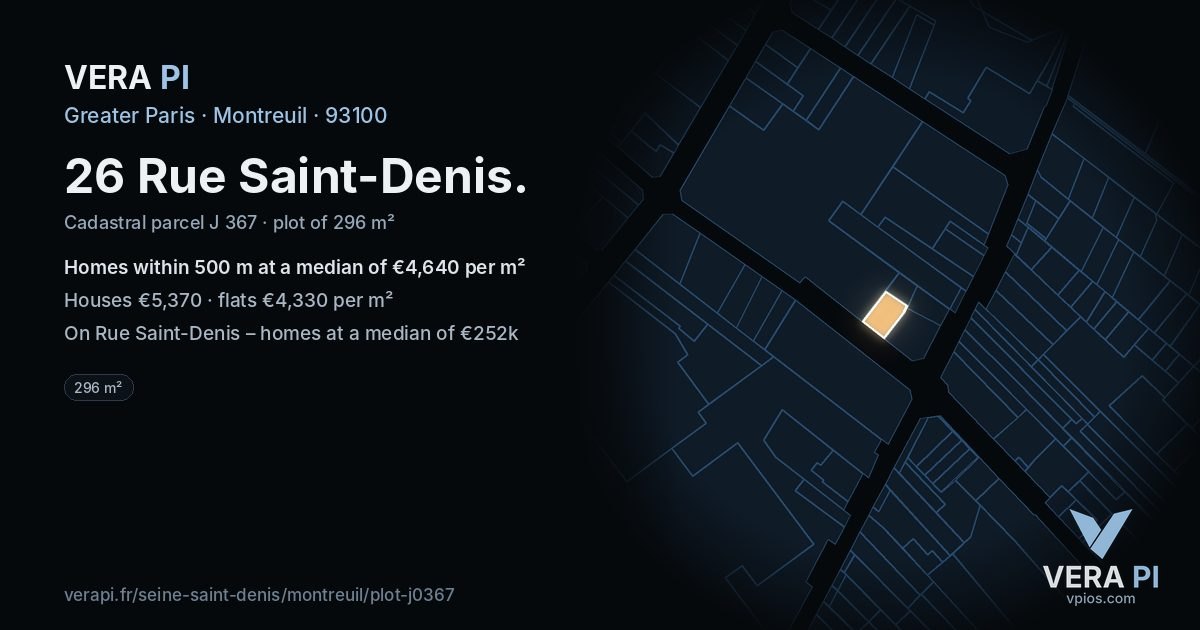 26 Rue Saint-Denis, Montreuil at night – the plot lit, the parcels around coloured by the prices near them