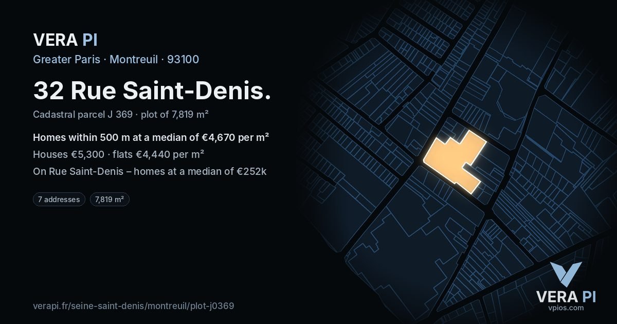 32 Rue Saint-Denis, Montreuil at night – the plot lit, the parcels around coloured by the prices near them