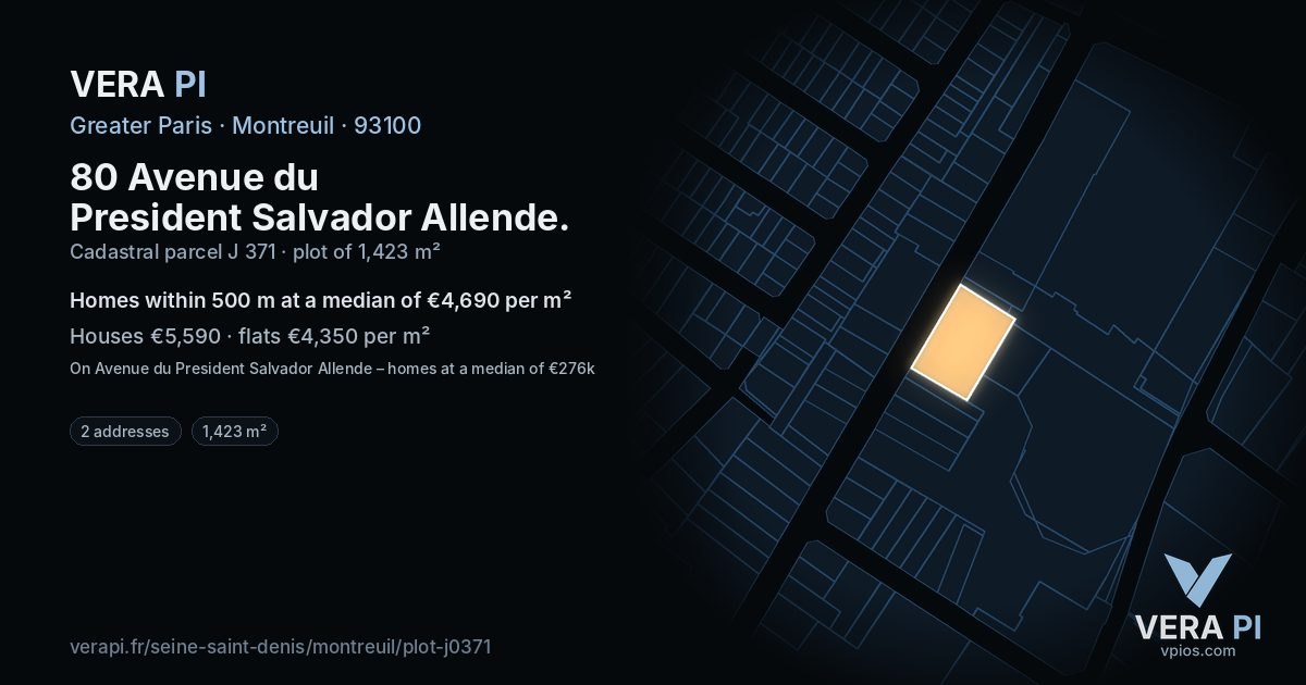80 Avenue du President Salvador Allende, Montreuil at night – the plot lit, the parcels around coloured by the prices near them
