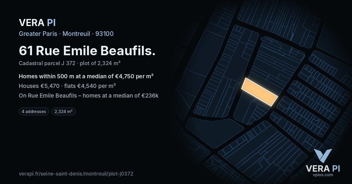 61 Rue Emile Beaufils, Montreuil at night – the plot lit, the parcels around coloured by the prices near them