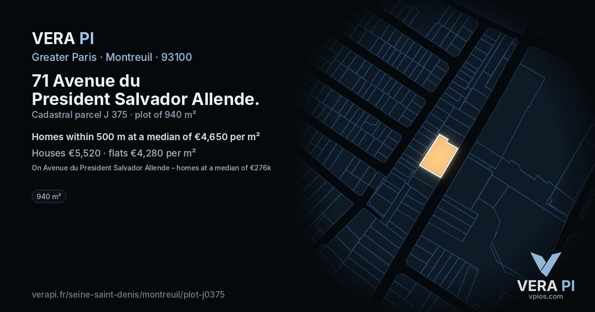 71 Avenue du President Salvador Allende, Montreuil at night – the plot lit, the parcels around coloured by the prices near them