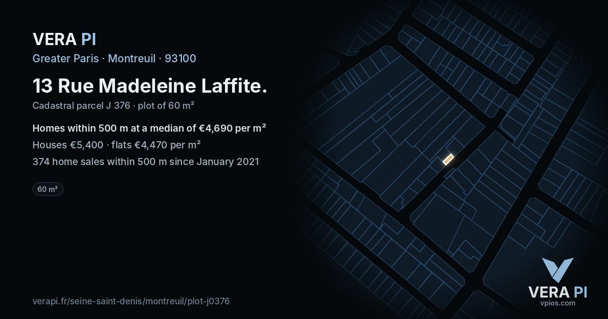 13 Rue Madeleine Laffite, Montreuil at night – the plot lit, the parcels around coloured by the prices near them