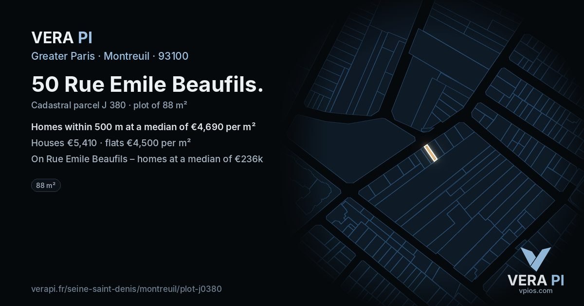 50 Rue Emile Beaufils, Montreuil at night – the plot lit, the parcels around coloured by the prices near them