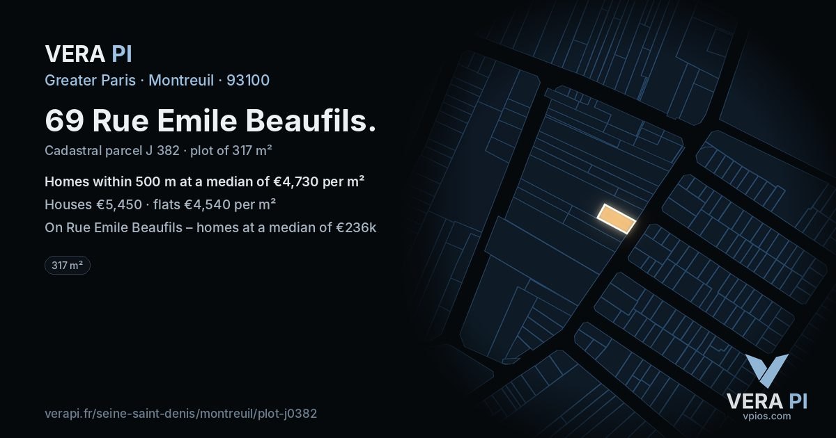 69 Rue Emile Beaufils, Montreuil at night – the plot lit, the parcels around coloured by the prices near them
