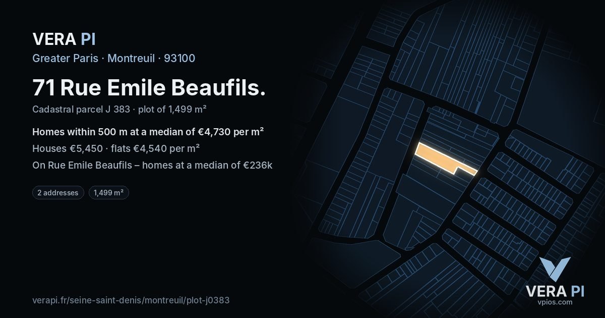 71 Rue Emile Beaufils, Montreuil at night – the plot lit, the parcels around coloured by the prices near them