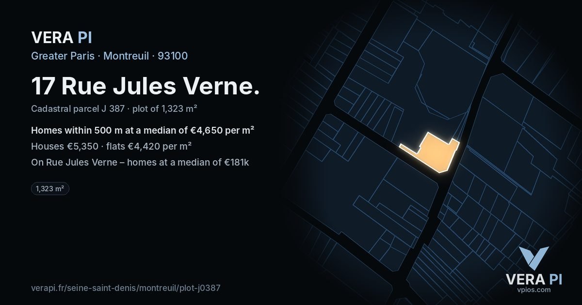 17 Rue Jules Verne, Montreuil at night – the plot lit, the parcels around coloured by the prices near them