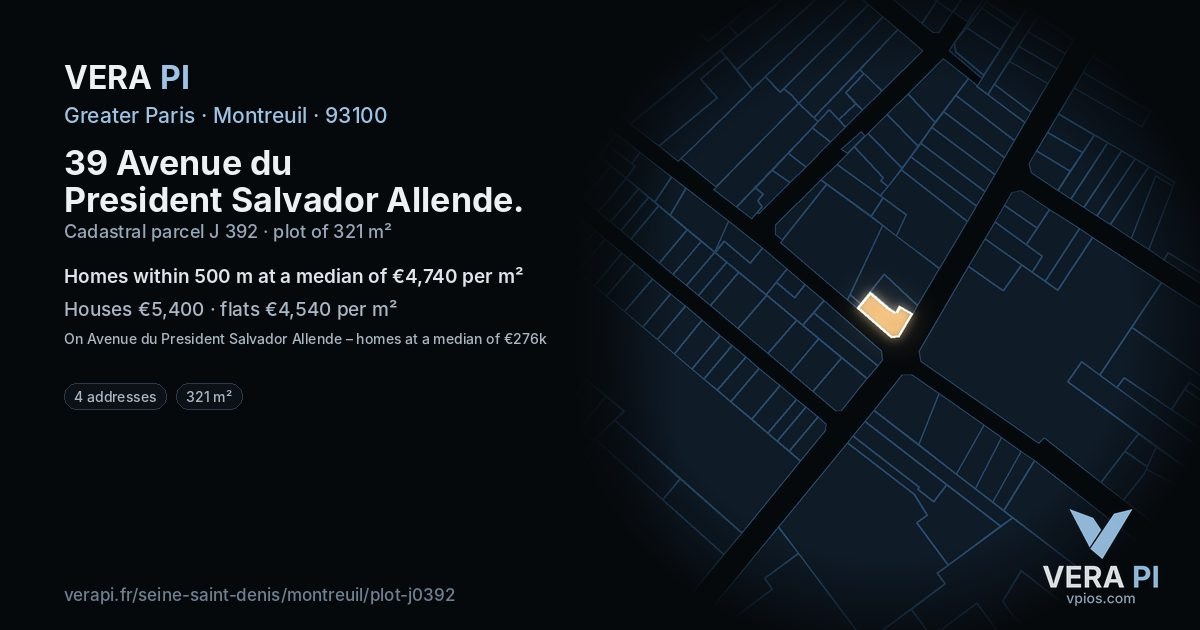 39 Avenue du President Salvador Allende, Montreuil at night – the plot lit, the parcels around coloured by the prices near them